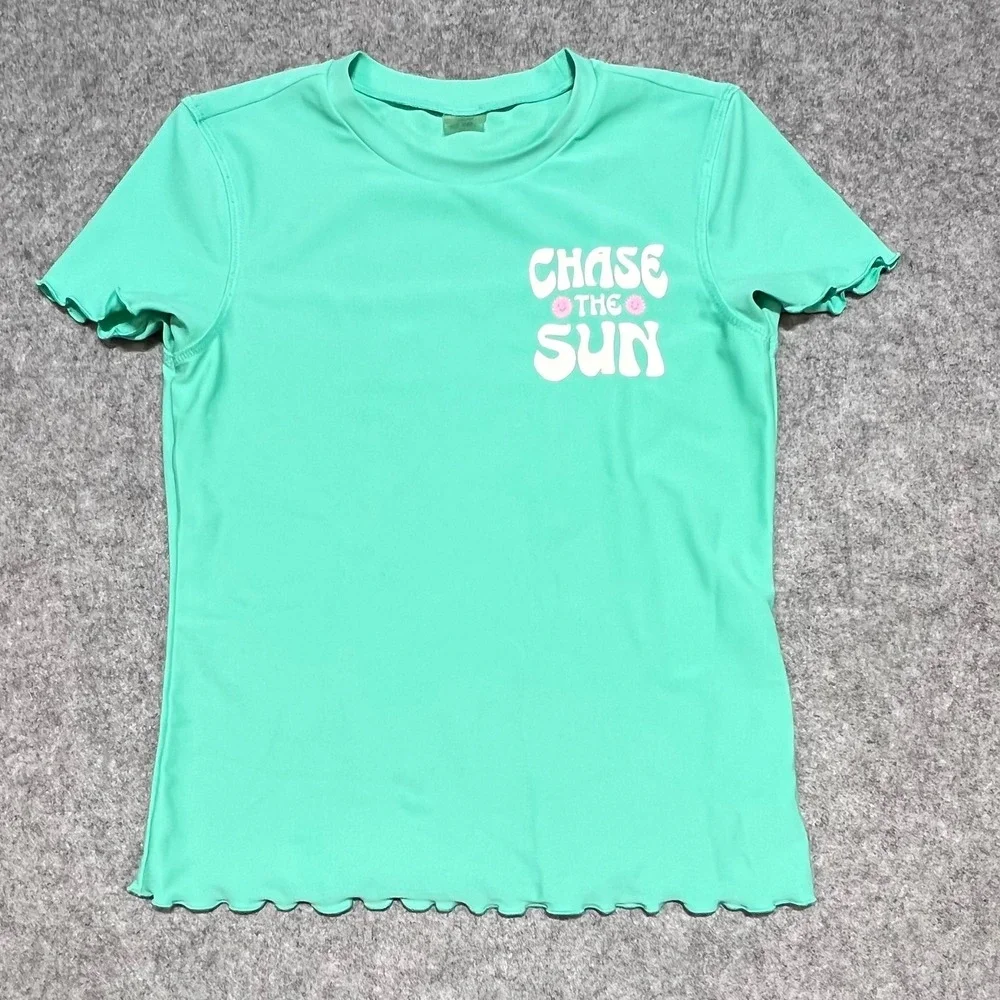 Old Navy Girls Teal Chase The Sun Graphic Rash Guard Swim Top Size L 10-12